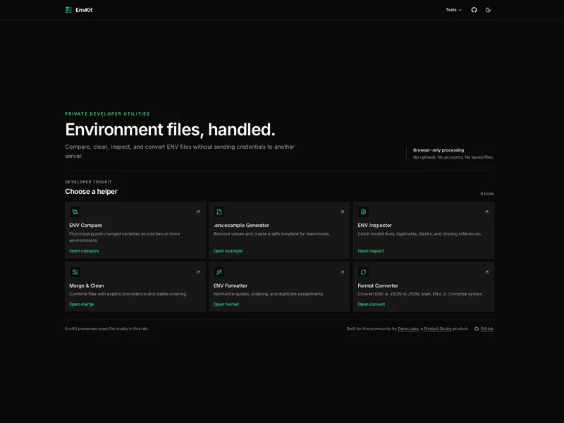 EnvSift homepage showing six browser-local tools for environment-variable files